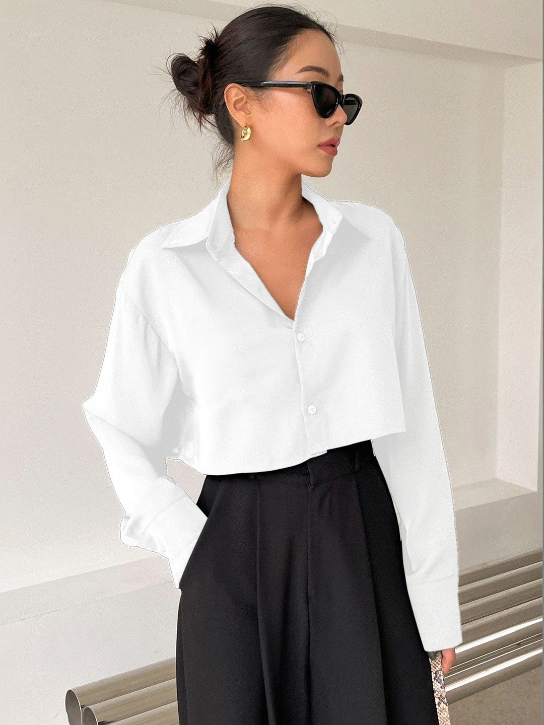 Boxy Fit Solid Button Up Casual Crop Long Sleeve Shirt