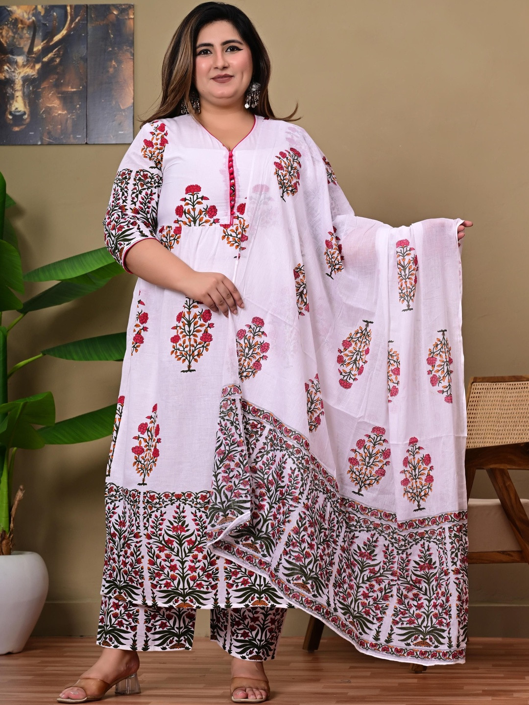 SANGANER EXPORT Women Floral Printed Empire Pure Cotton Kurta with Trousers & With Dupatta