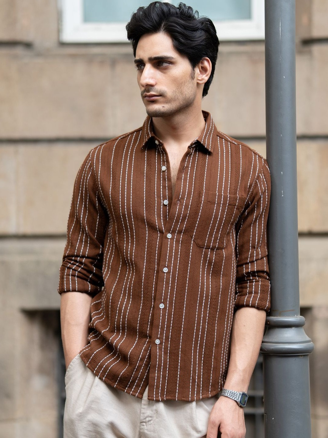 Powerlook Brown Structured Stripe Shirts