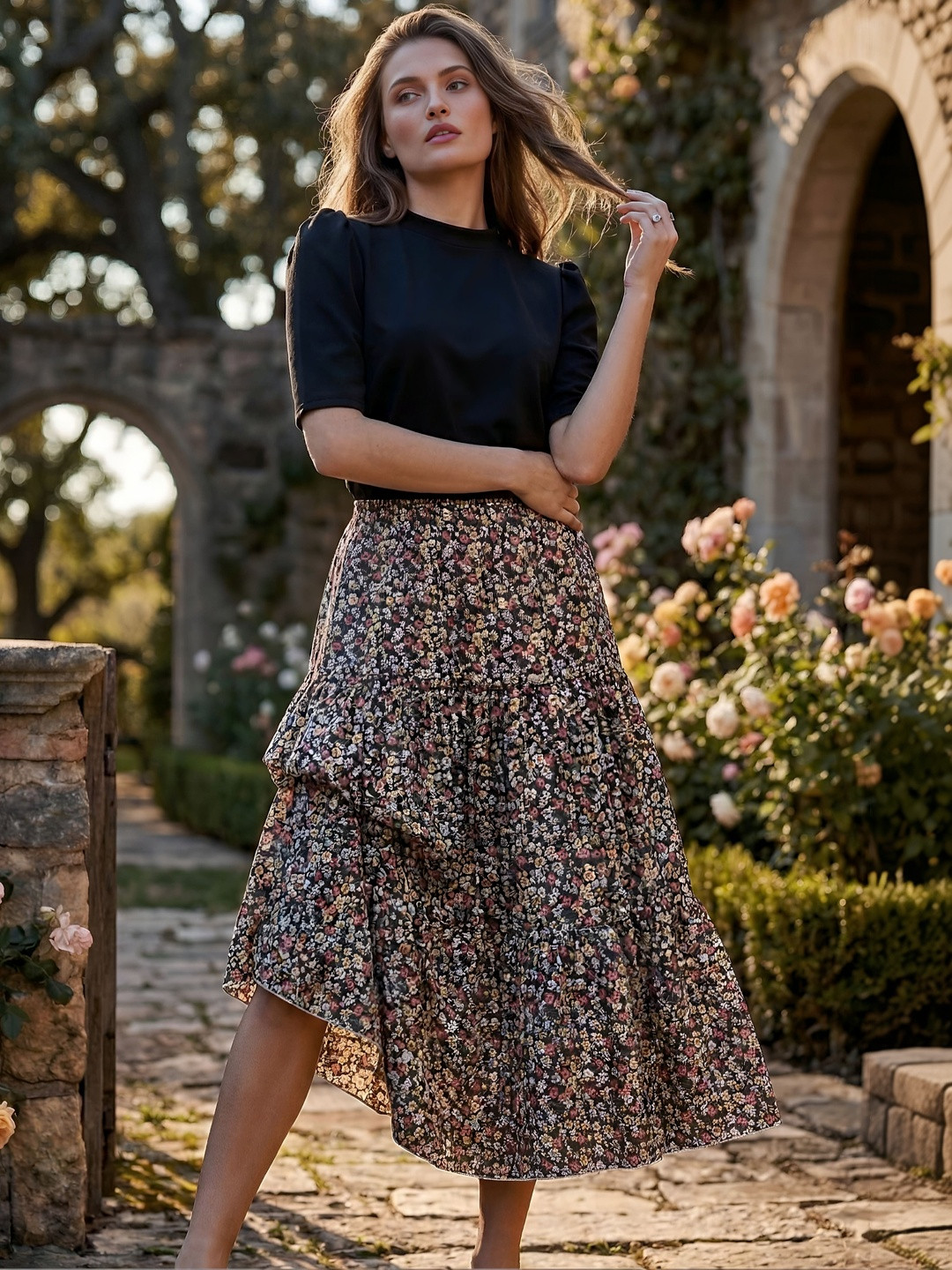 AmorLuxe Floral Printed Round Neck Puff Sleeve Top With Skirt