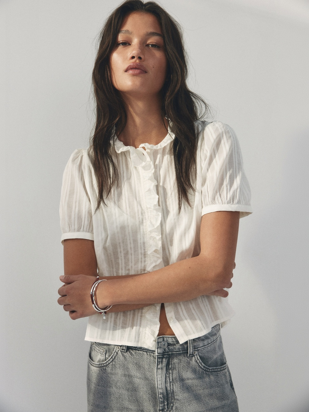 H&M Frill-Trimmed Cotton Blouse Top