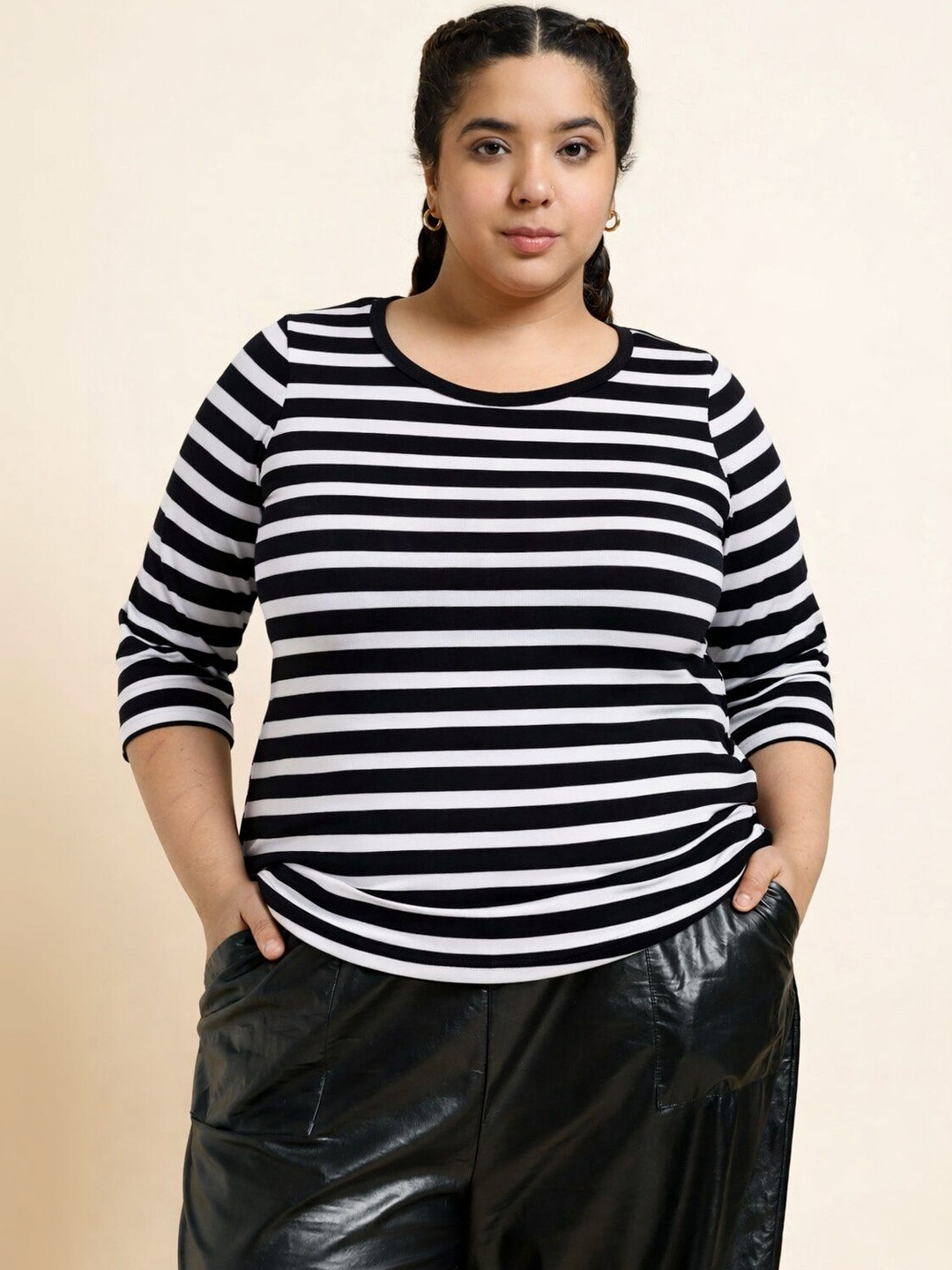 UnaOne Women Plus Size Black White Striped Round Neck Full Sleeves T-shirts