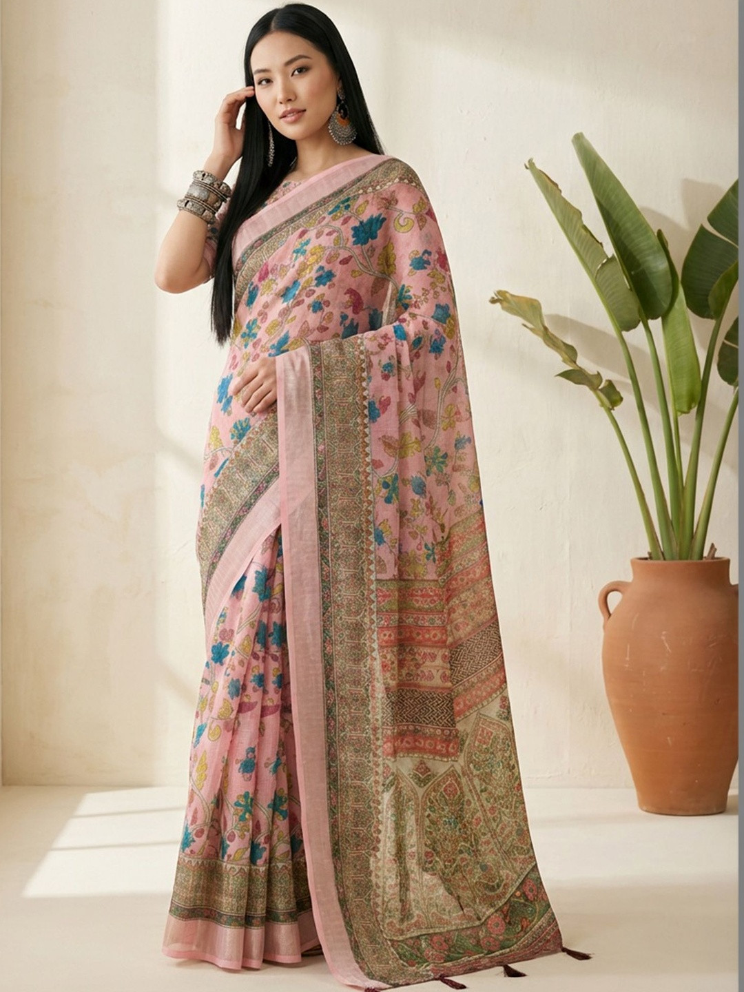 SHADOW & SAINING Women Pink Linen Cotton Digital Printed Floral Sarees