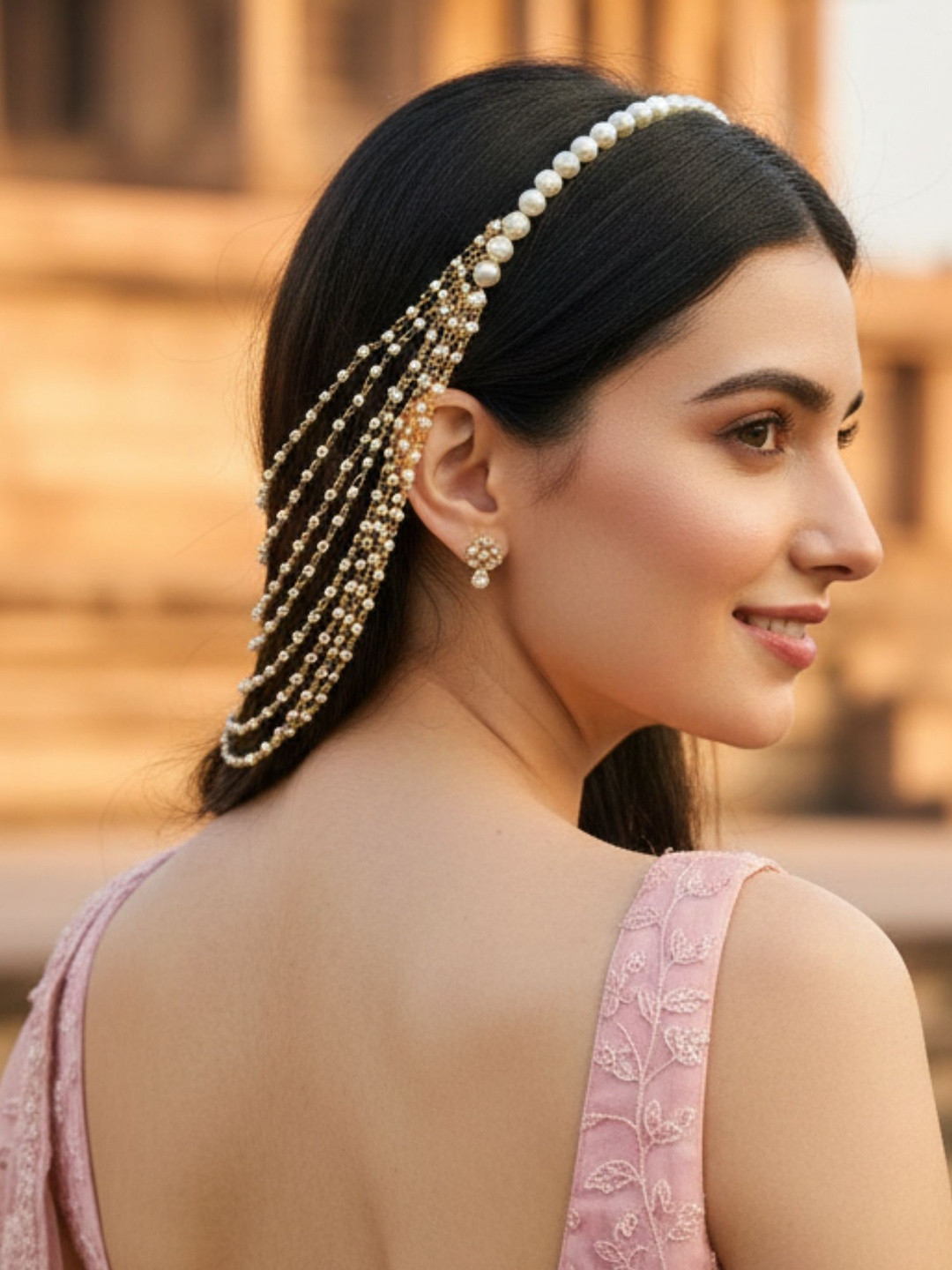 KARATCART Gold-Plated Kundan Studded Head Chains Head Jewellery