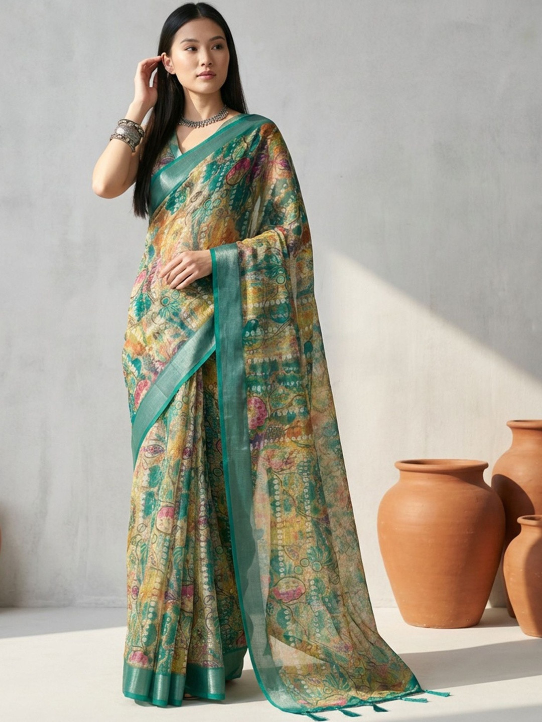 SHADOW & SAINING Women Green Linen Cotton Digital Printed Abstract Sarees