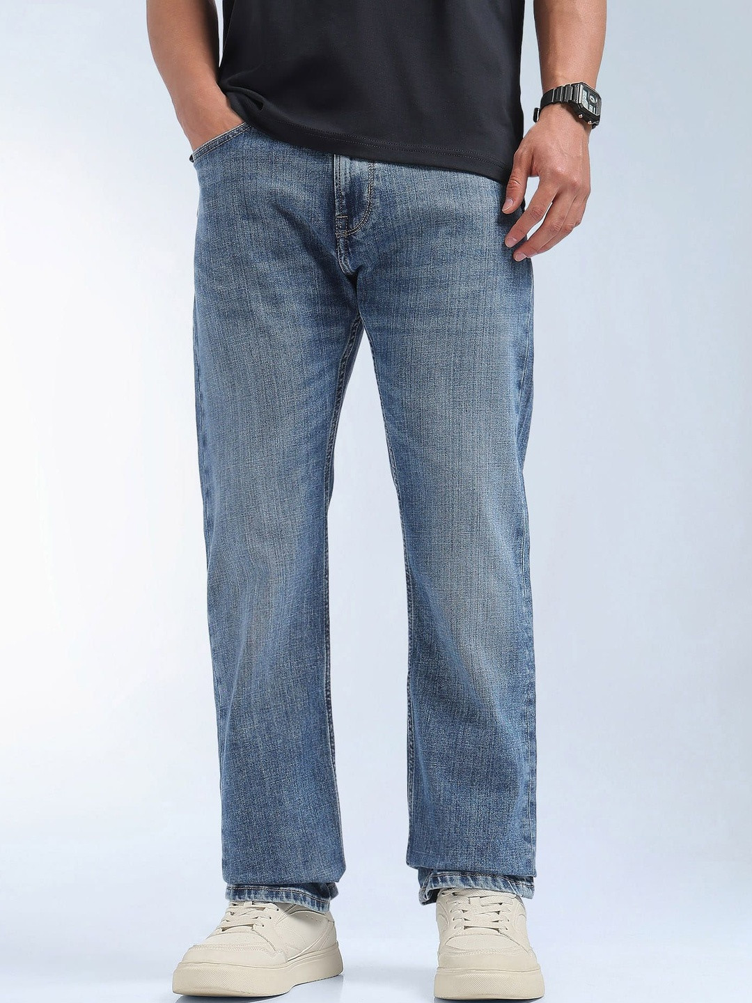 Flying Machine Men Straight Fit Mid-Rise Light Fade Stretchable Jeans