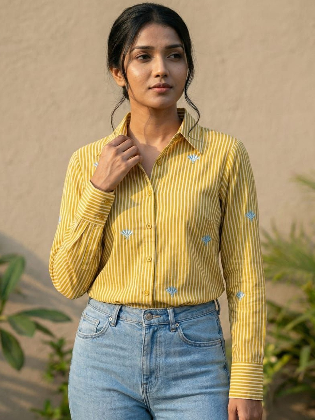 Vastara the Label Hand Embroidered Organic Cotton In Yellow White Shirts
