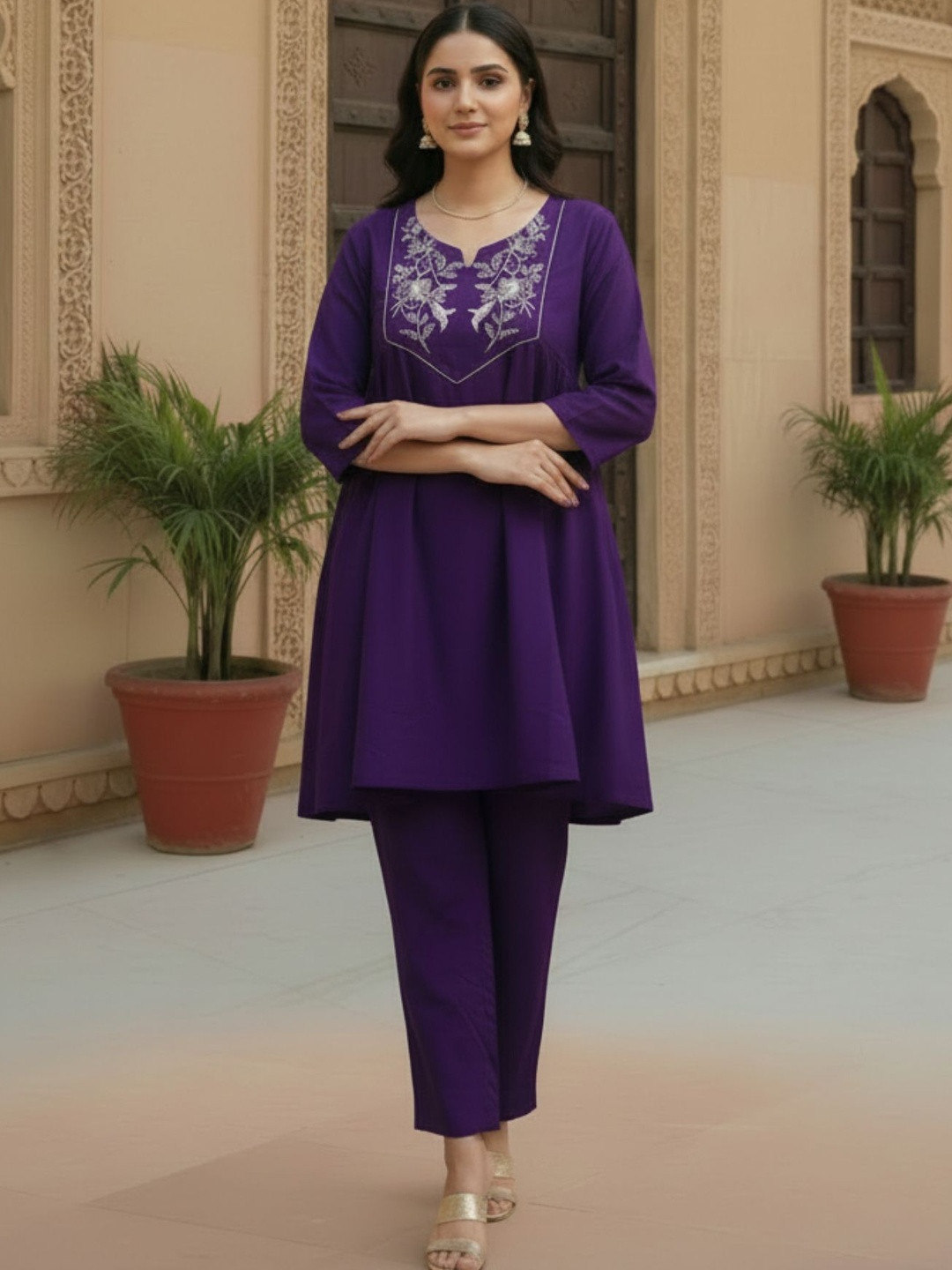 RUSTIQUE Women Ethnic Motifs Embroidered Regular Thread Work Pure Cotton Kurta with Trousers