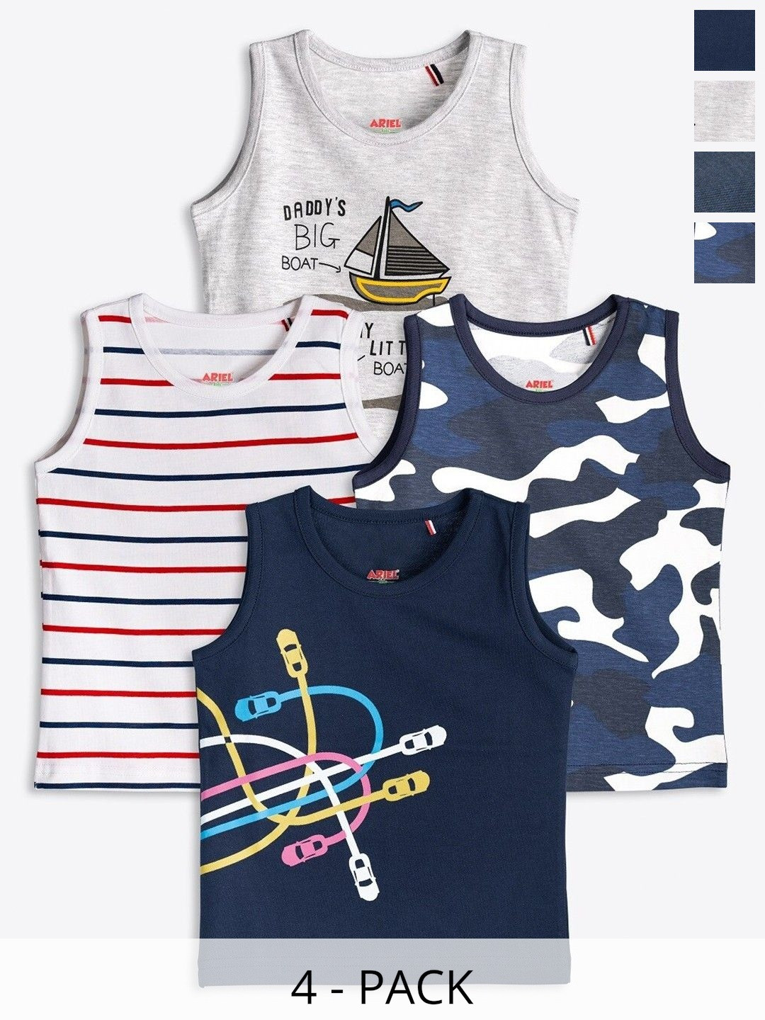 ariel Boys Cotton Sleeveless Pack Of 4 Everydaywear T-shirts