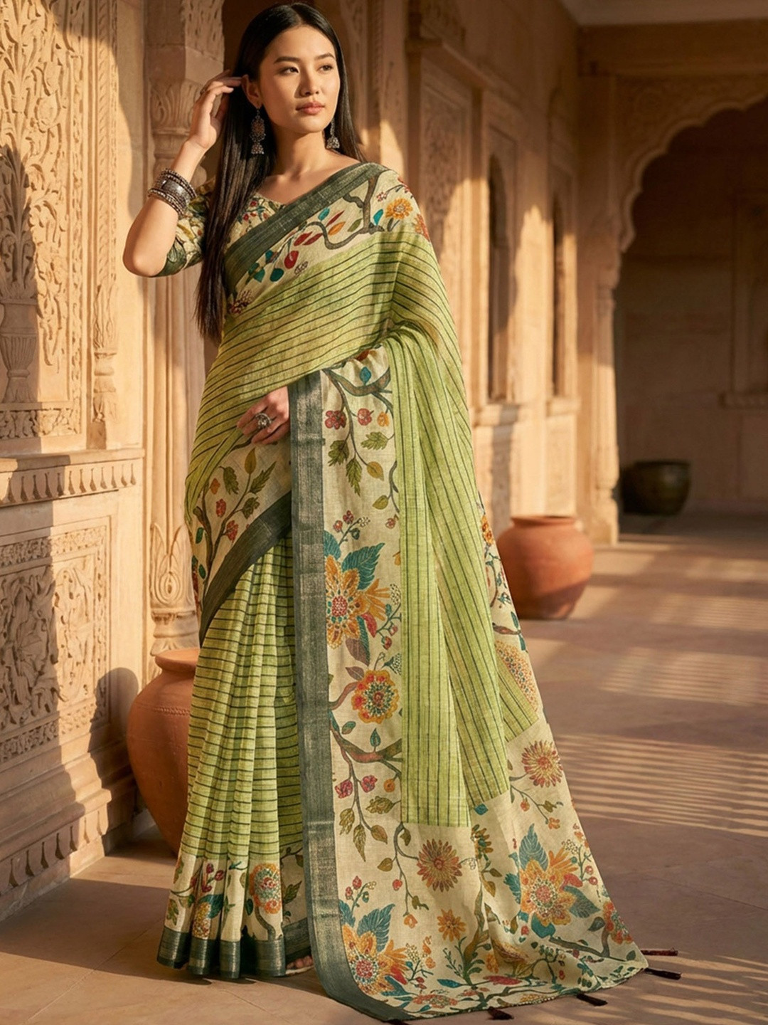 SHADOW & SAINING Women Pista Green Linen Cotton Digital Printed Floral Sarees