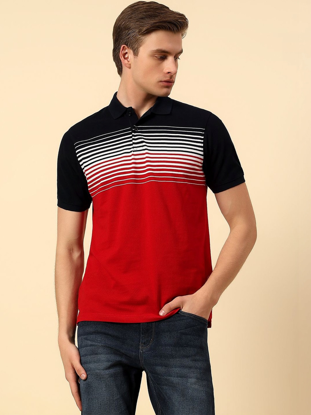 Cantabil Men Stripes Breathable & Soft Regular Fit T-Shirt