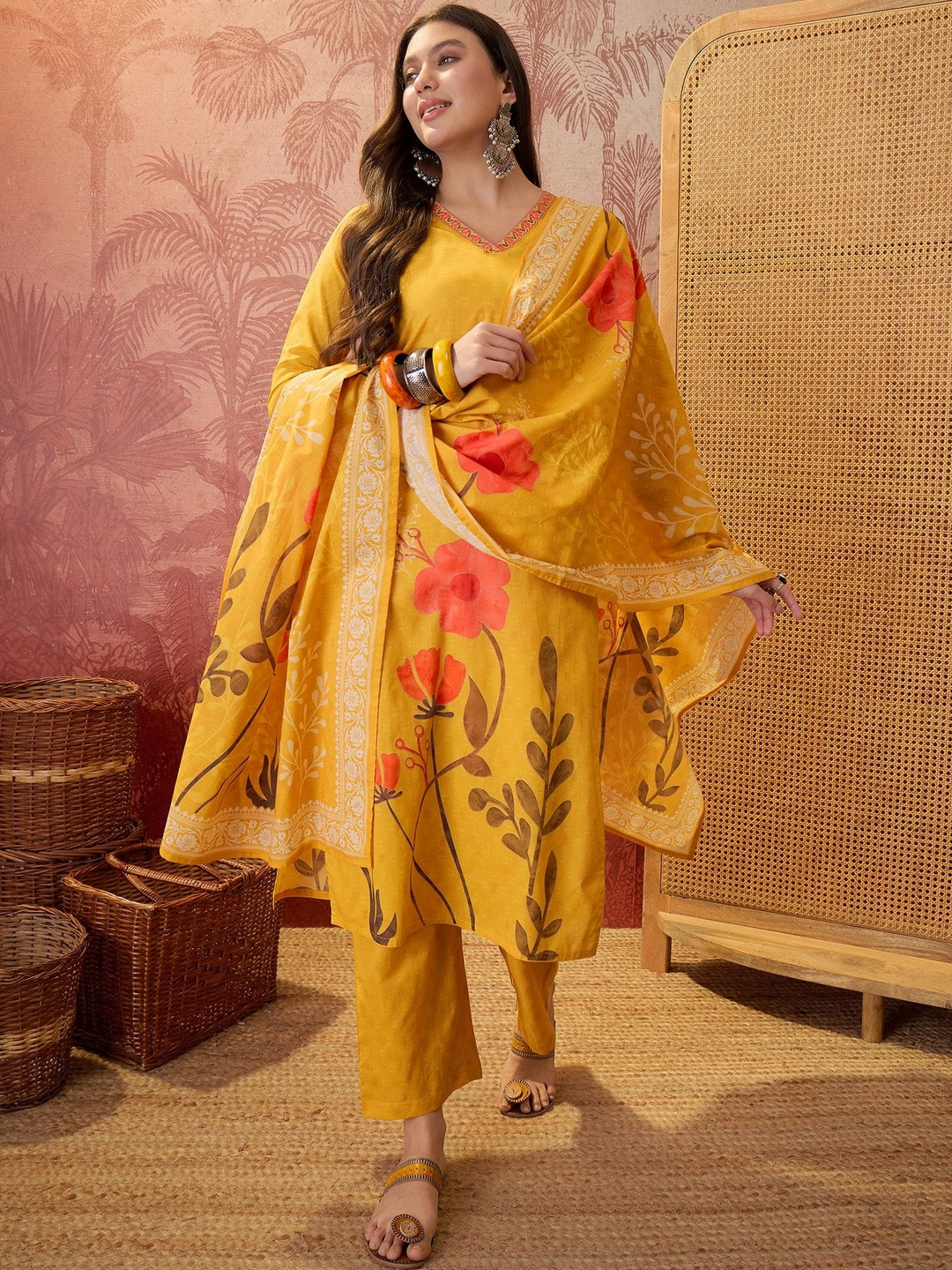 Sangria Printed Pure Cotton V-Neck Kurta & Trousers With Dupatta