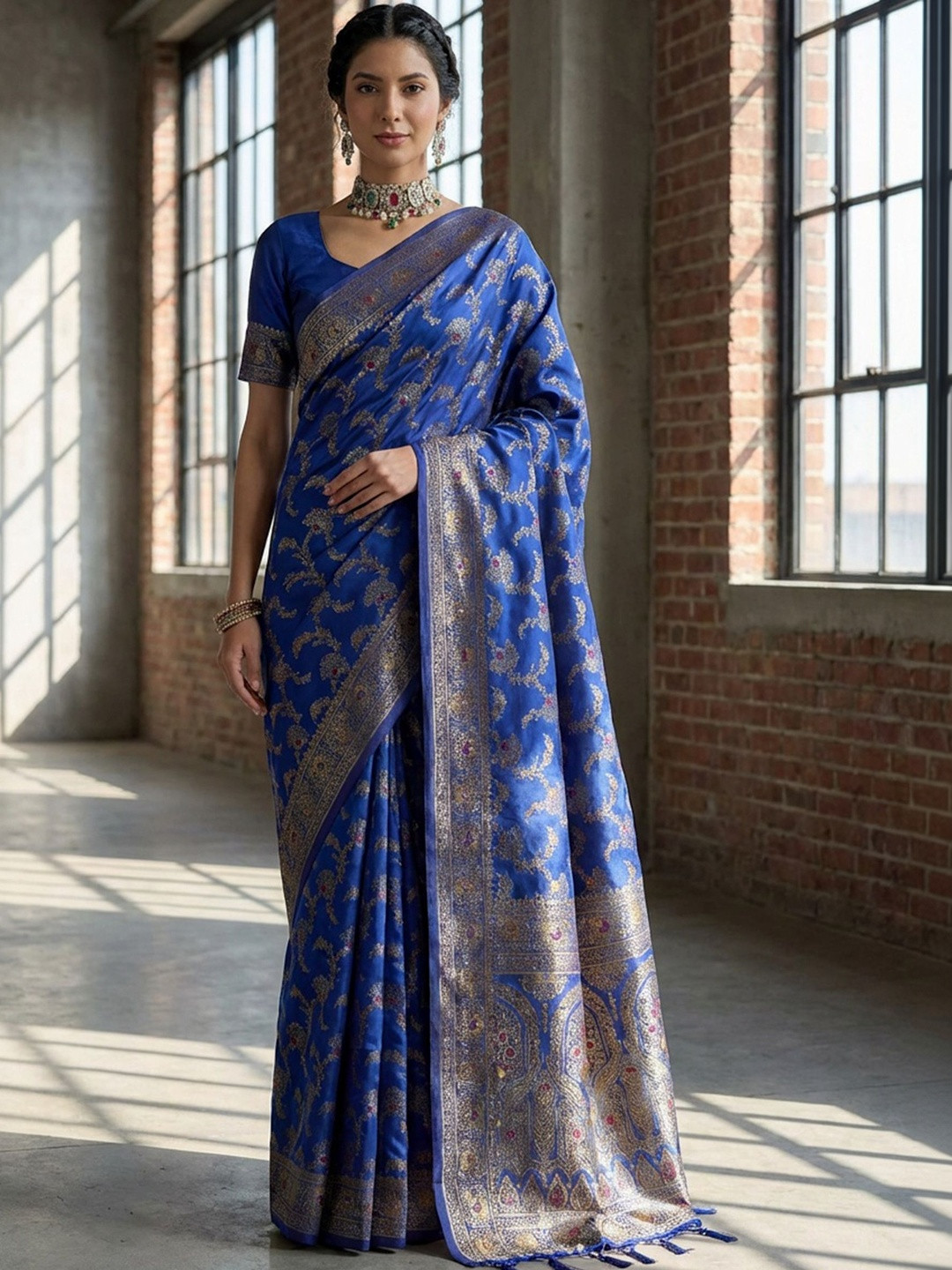 SHADOW & SAINING Women Royal Blue Banarasi Jacquard Zari Weaving Tassel Pallu Sarees