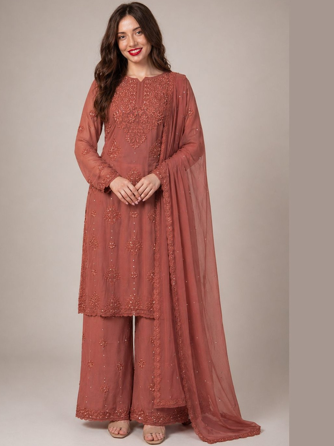 Muzaro ethnics Women Ethnic Motifs Embroidered Panelled Sequinned Kurta with Palazzos & With Dupatta