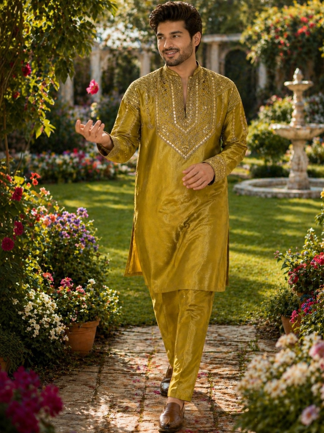 House of Pataudi Embroidered Gold with Sequins Detailing Mandarin Collar Kurta & Trousers