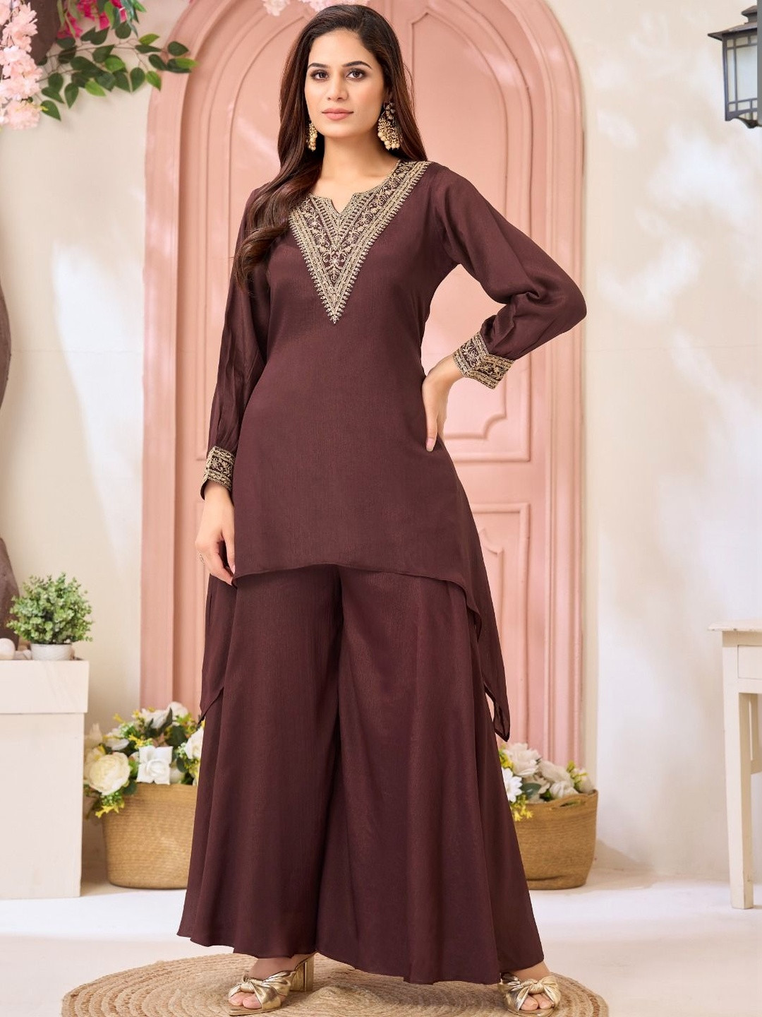 Sangria Embroidered Tunic with Palazzos