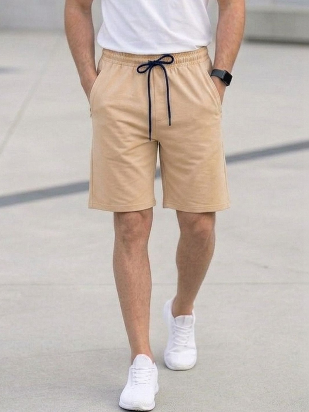 RETWE Men Mid Rise Pure Cotton Dual Side Pockets Regular Fit Tan Running Sports Shorts