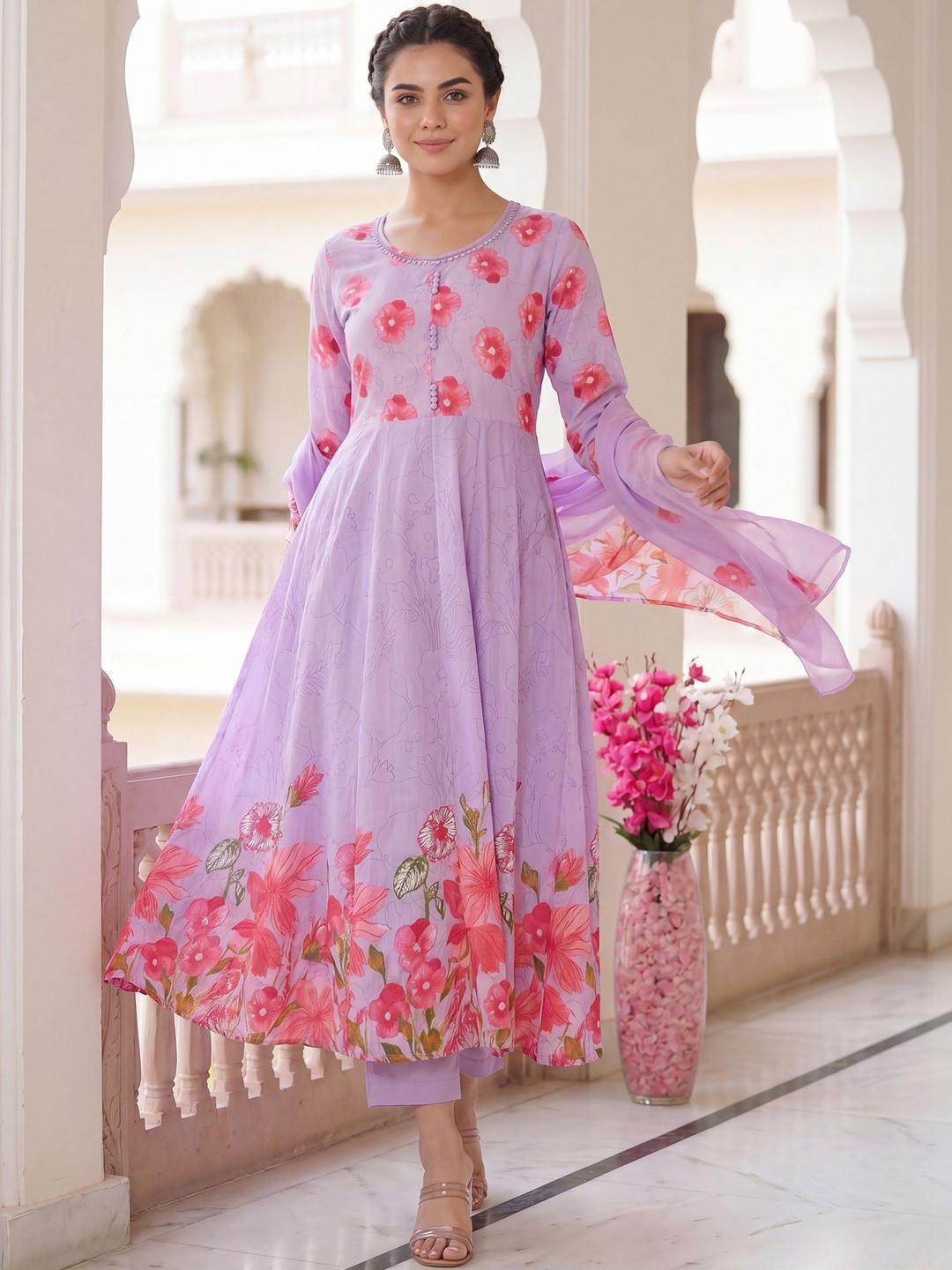 Indo Era Women Floral Printed Tiered Pure Cotton Kurta with Trousers & With Dupatta