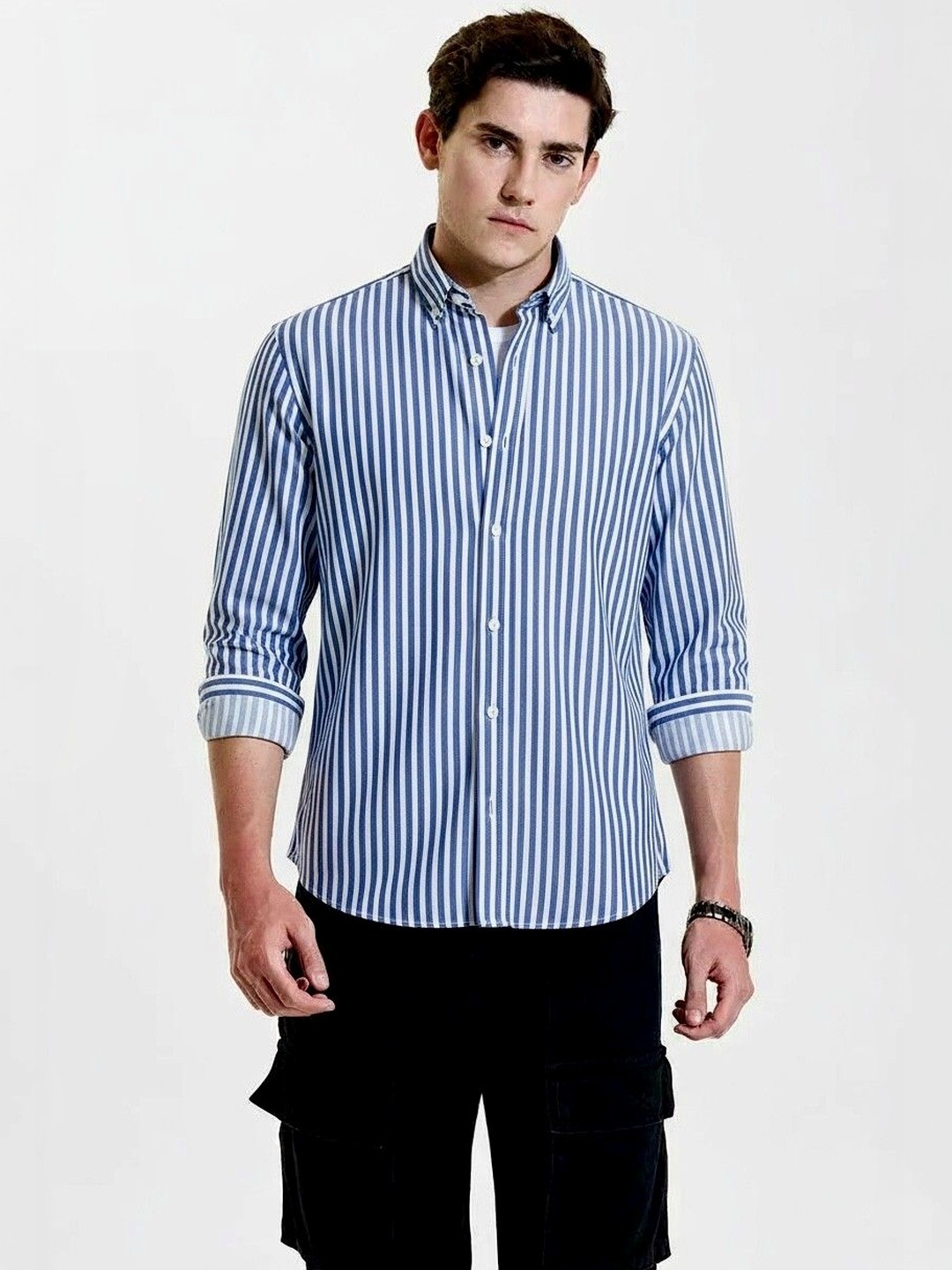 Navy Blue Vertical Stripes Regular Fit Shirt