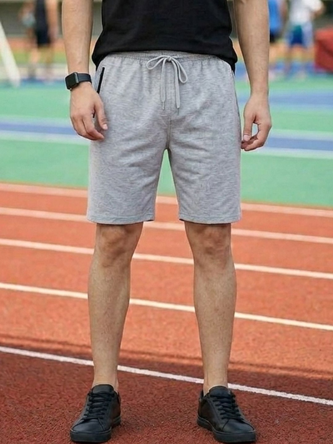 RETWE Men Mid Rise Pure Cotton Dual Side Pockets Regular Fit Grey Running Sports Shorts