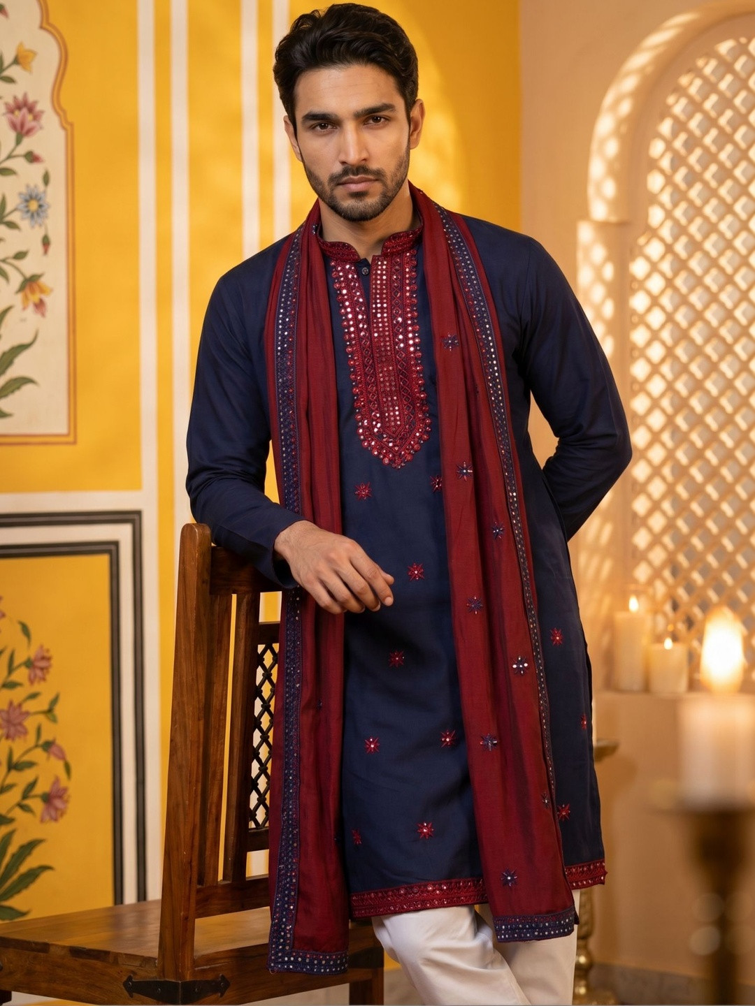 Jompers Men Embellished Mirror Work Kurta