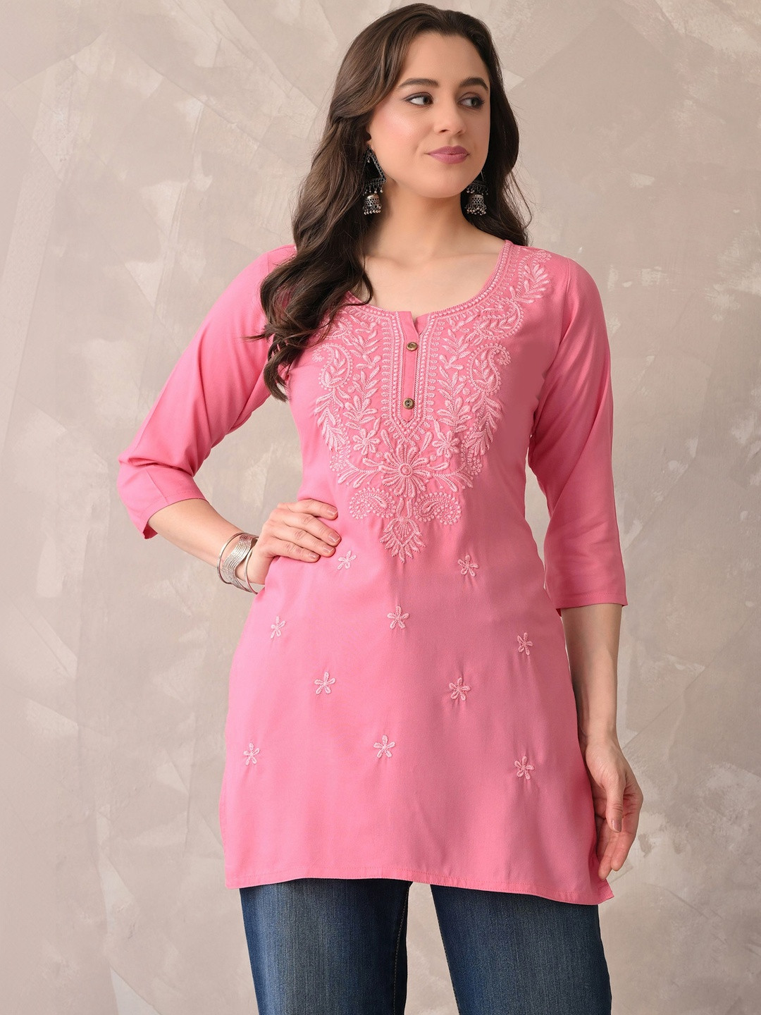ROSHNI Women Floral Embroidered Round Neck Thread Work Cotton Regular Kurti