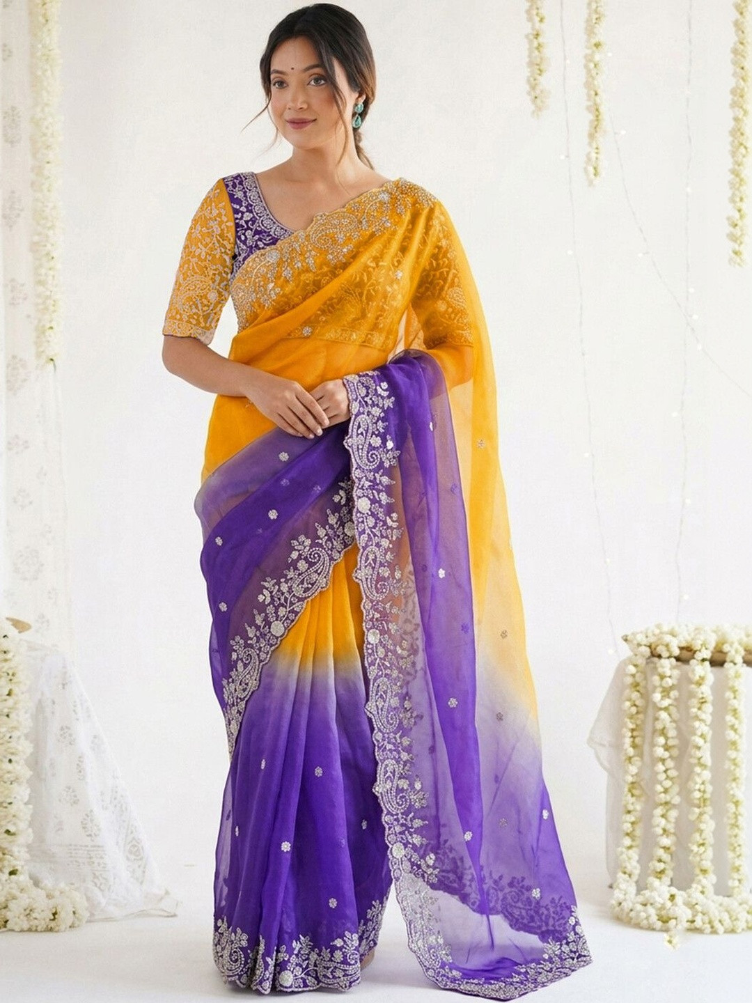 Satrani Ombre Embroidered Chiffon Saree With Designer Blouse