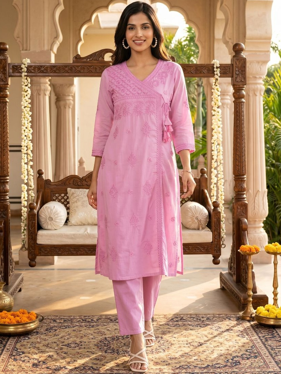 RiRi Women Ethnic Motifs Embroidered Angrakha Thread Work Pure Cotton Kurta with Trousers