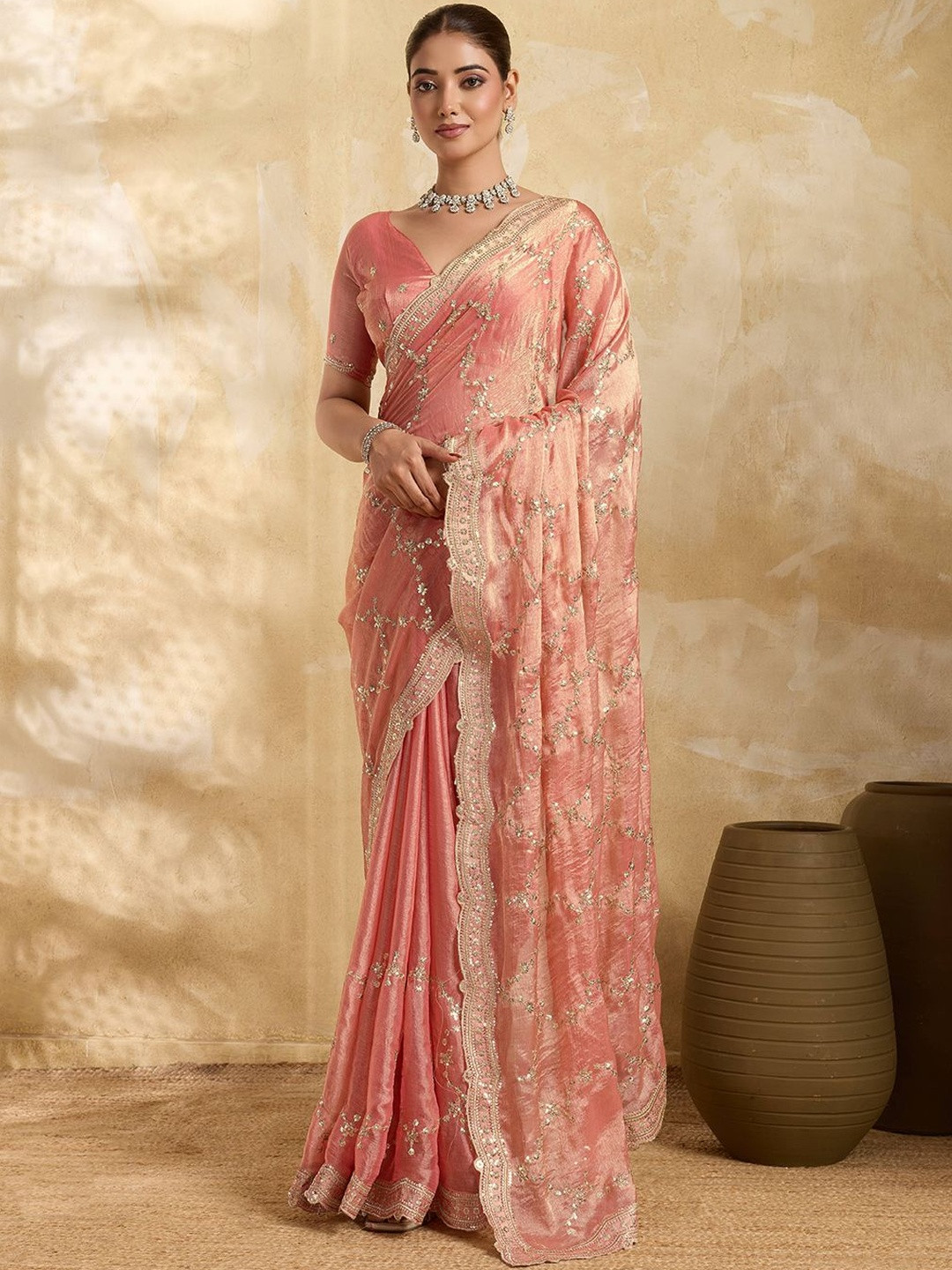 HERE&NOW Embellished Embroidered Organza Heavy Work Saree