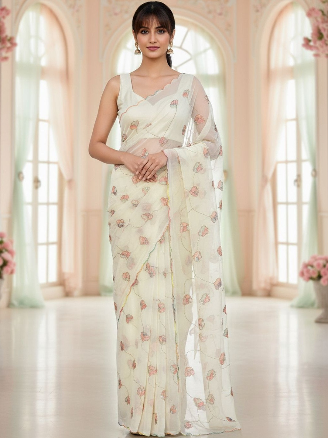 FABLAND Floral Sequinned Poly Georgette Saree