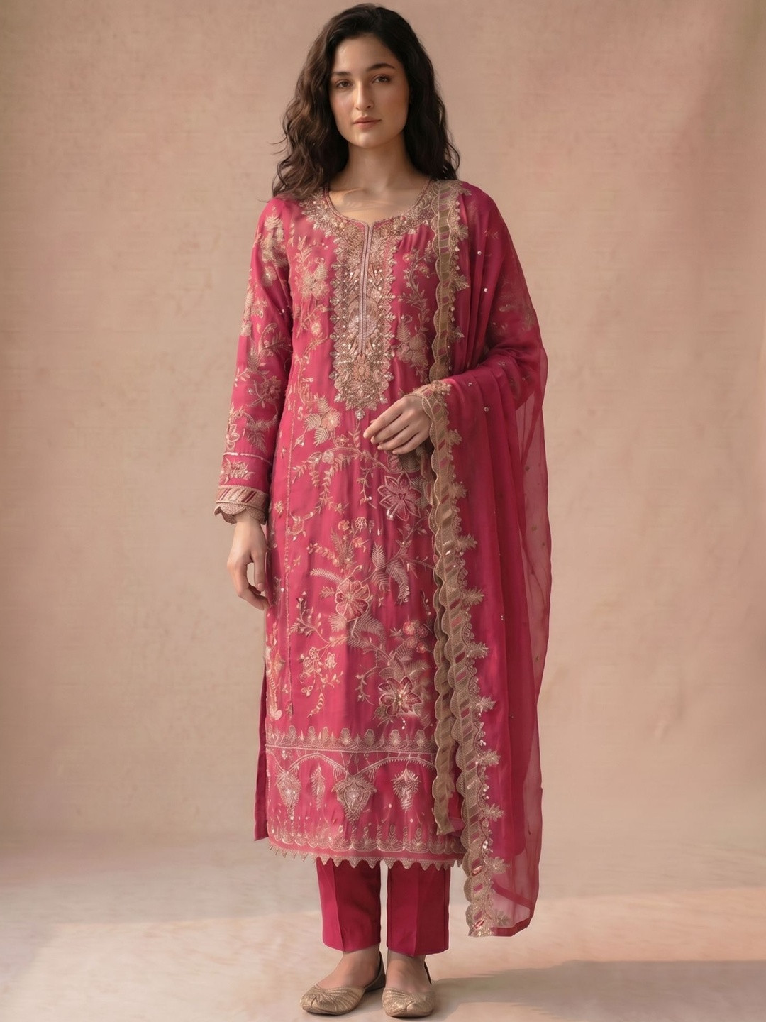 RUDRAPRAYAG Women Ethnic Motifs Embroidered Regular Thread Work Silk Chiffon Kurta with Trousers & With