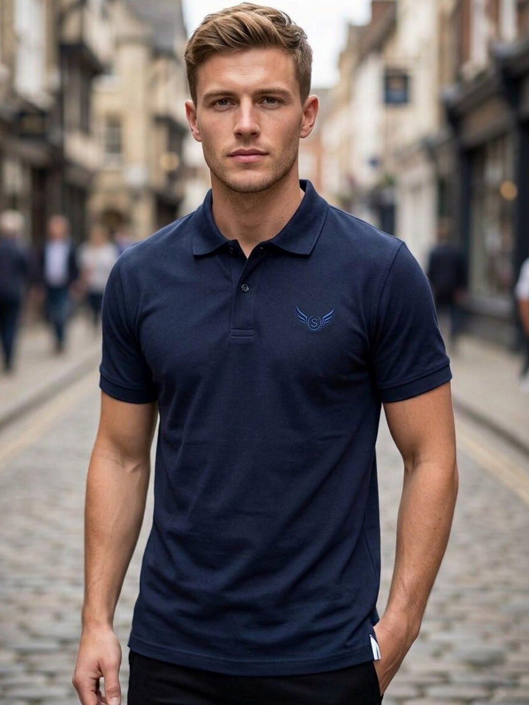 STRAY88 Men Brand Logo Embroidered Polo Collar Short Sleeves T-shirt