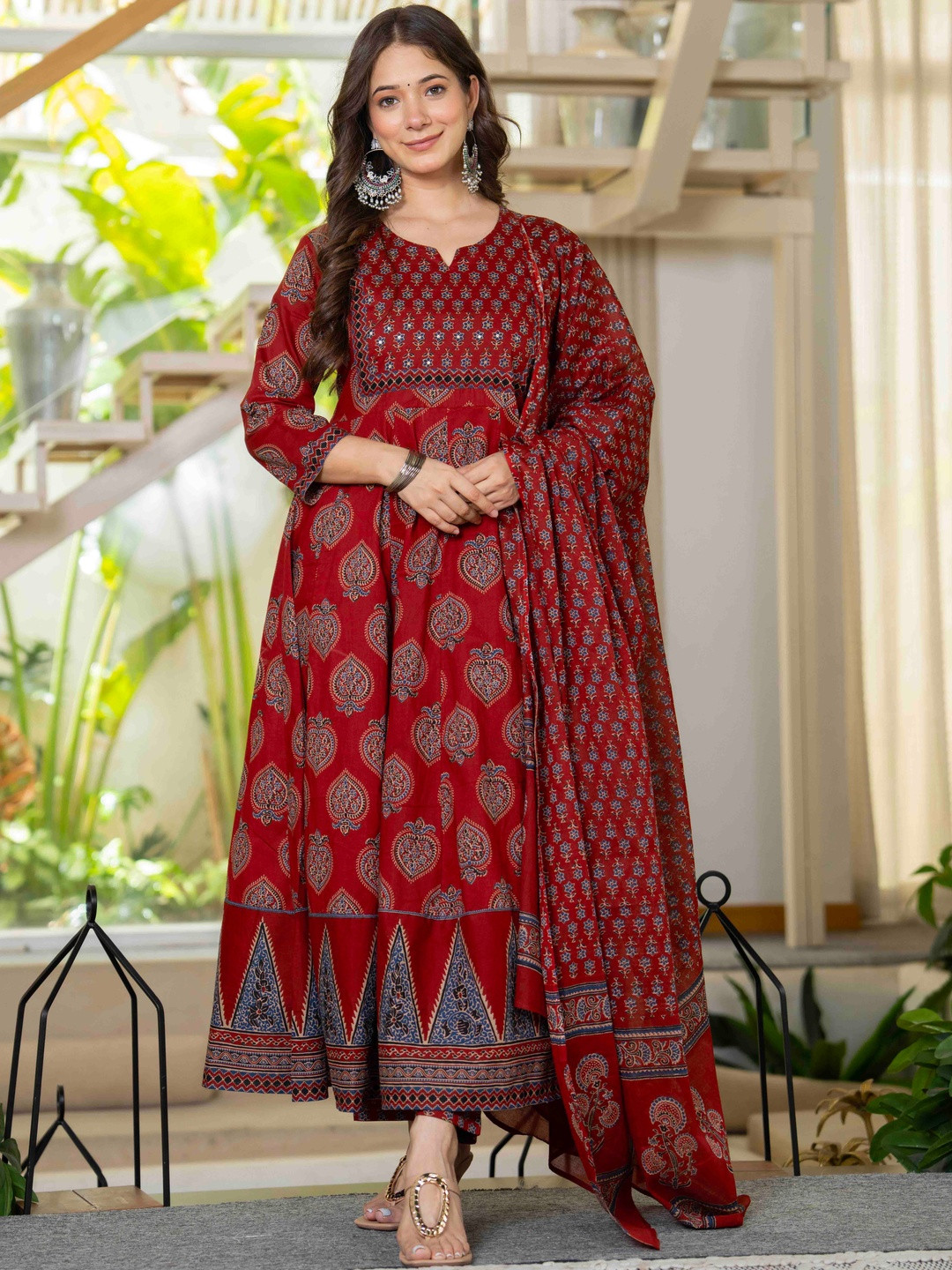 KALINI Women Ethnic Motifs Printed Empire Mirror Work Pure Cotton Kurta with Trousers & With Dupatta