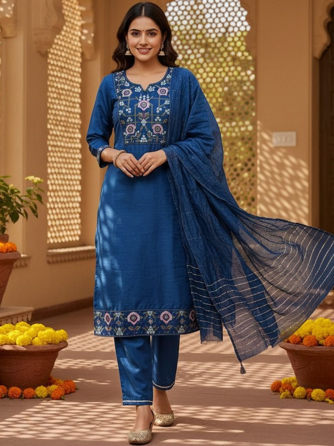 Sangria Self Design Round Neck Kurta & Trousers With Dupatta