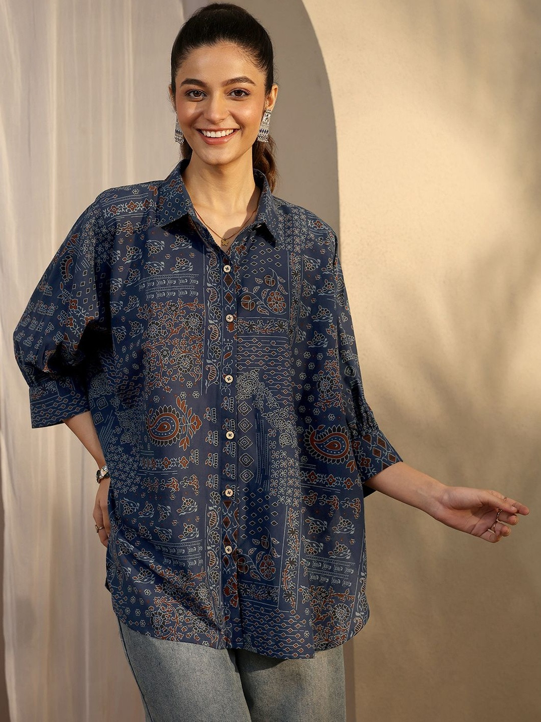 Libas Blue Paisley Printed Cotton Loose Fit Shirt