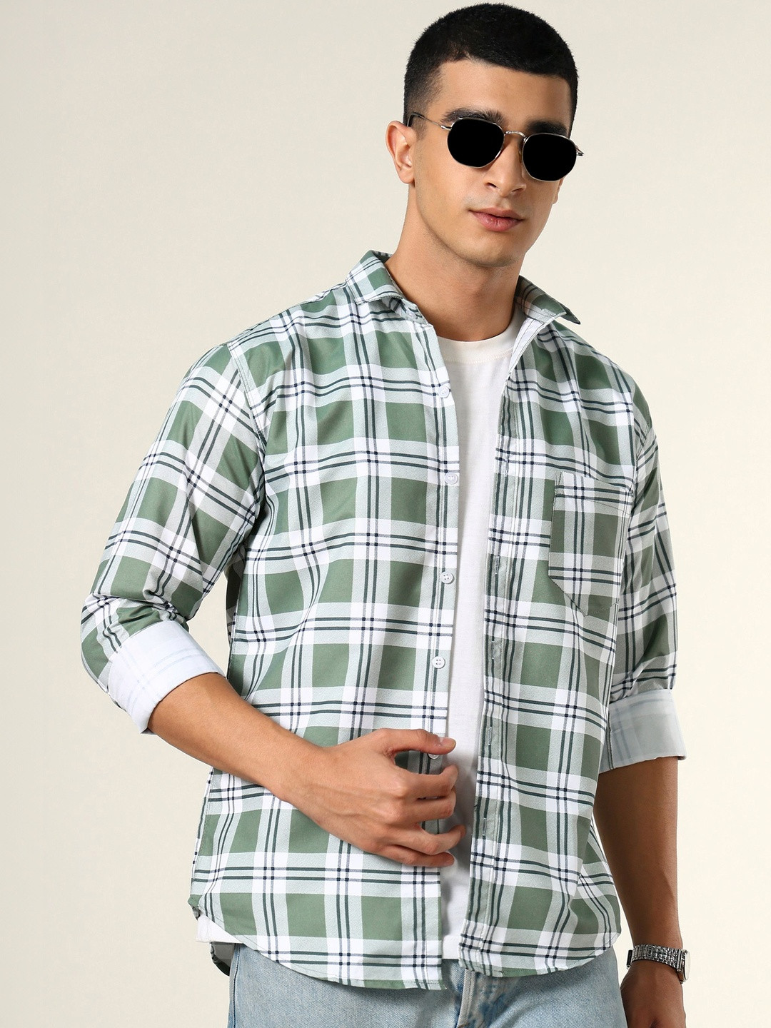 Green Gingham Checks Regular Fit Casual Shirt