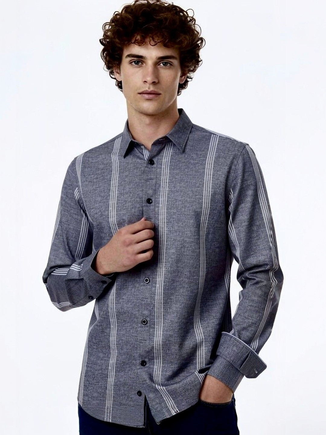 Grey Vertical Stripes Regular Fit Casual Shirt