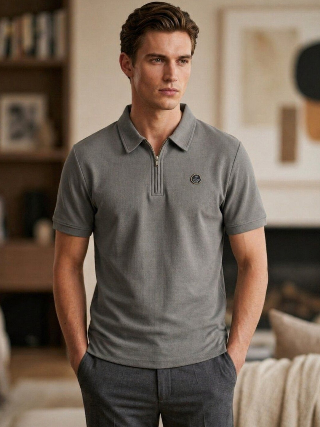 STRAY88 Men Brand Logo Polo Collar Pockets T-shirt