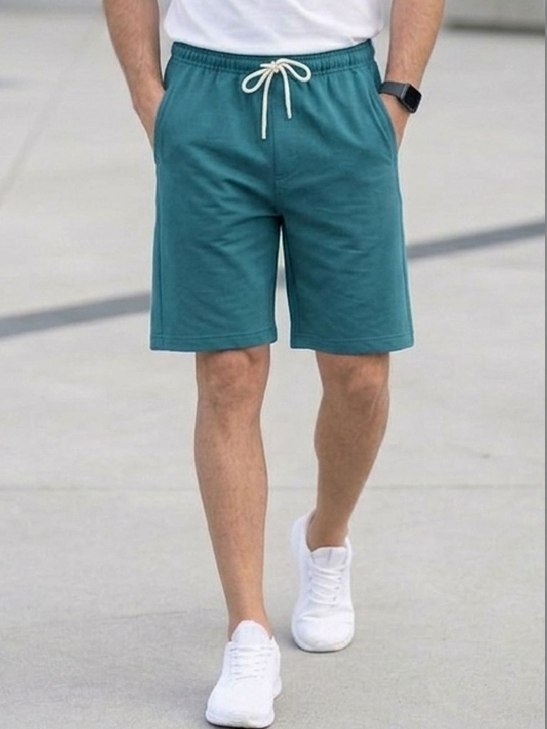 RETWE Men Mid Rise Pure Cotton Dual Side Pockets Regular Fit Teal Running Sports Shorts