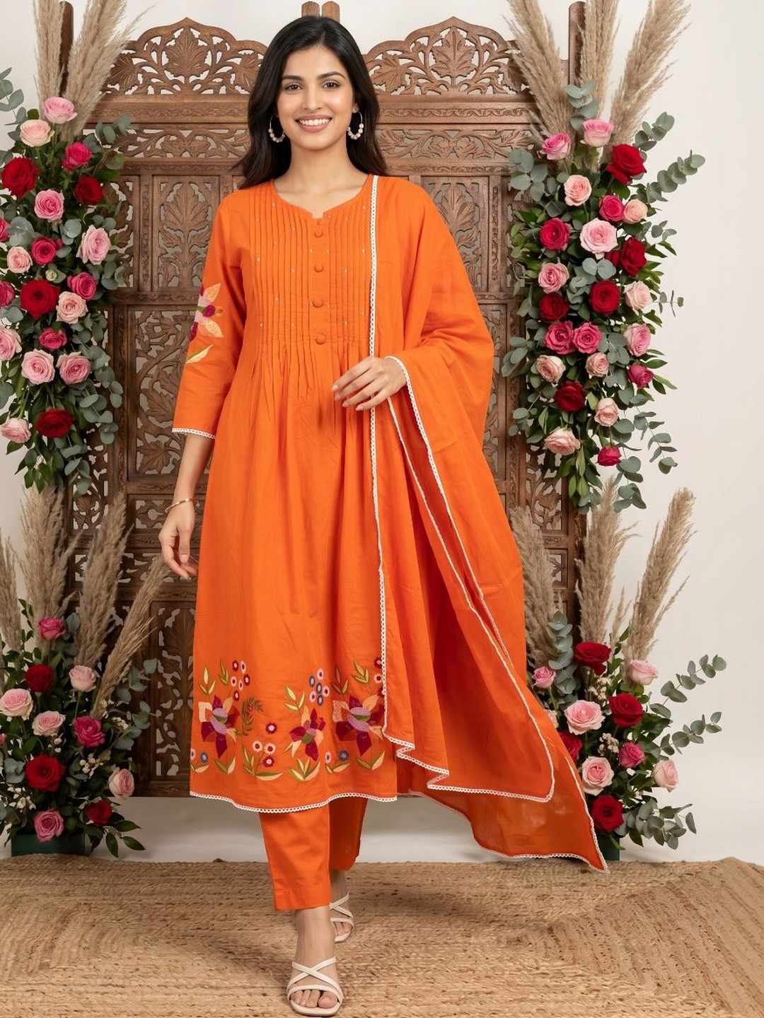 RiRi Women Floral Embroidered Tiered Thread Work Pure Cotton Kurta with Trousers & With Dupatta