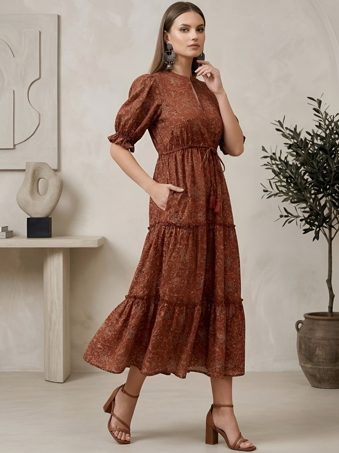 Bohemian Print Puff Sleeve Midi Dress