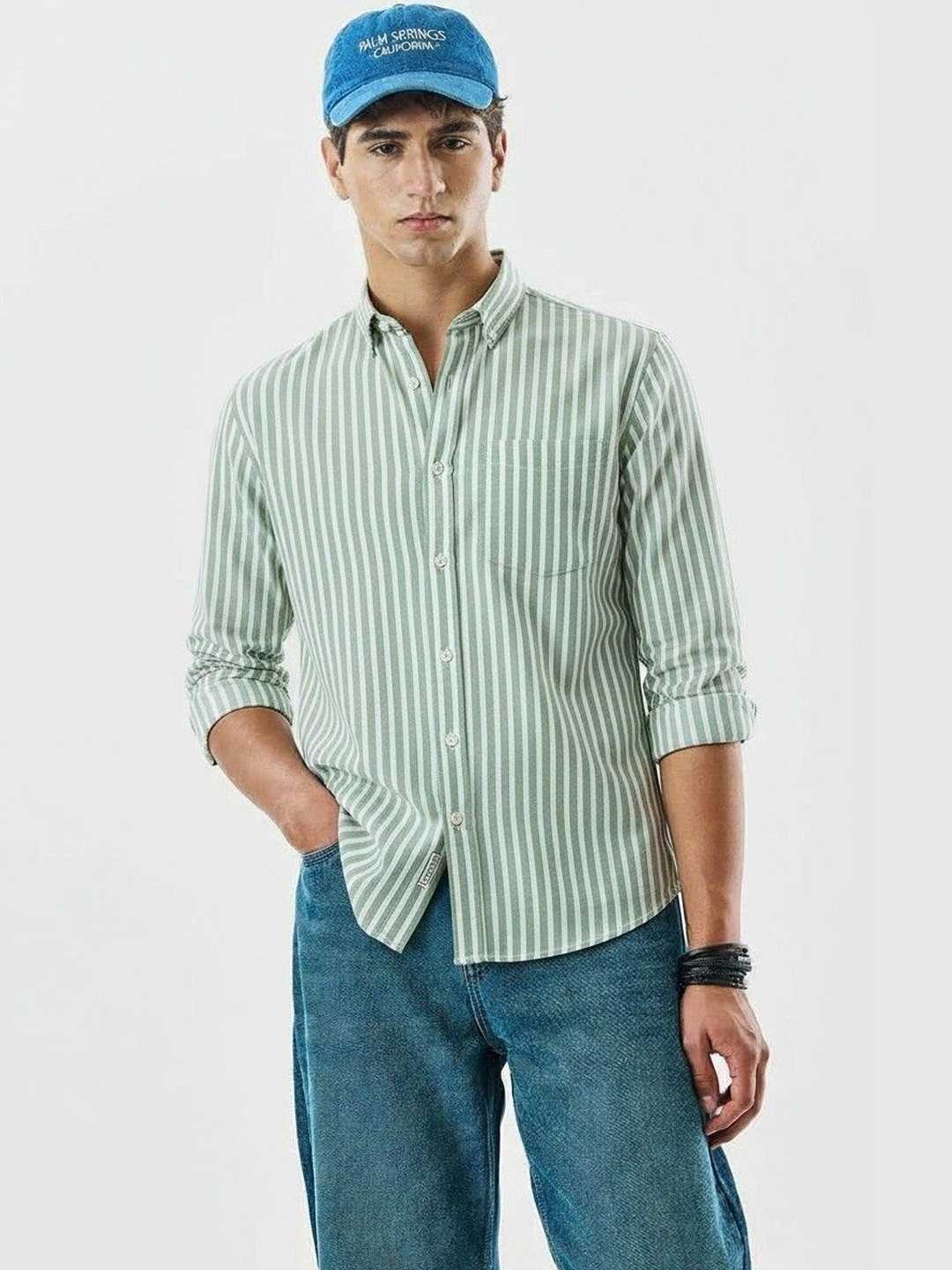 Green Vertical Stripes Regular Fit Casual Shirt