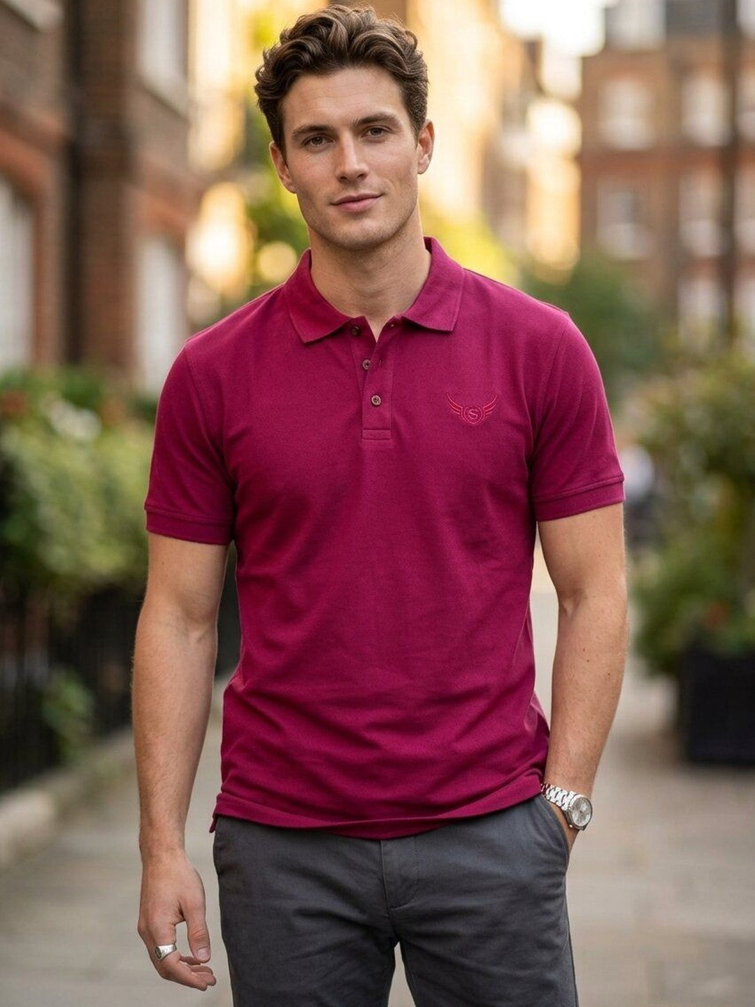 STRAY88 Maroon Polo Collar Short Sleeves T-shirt