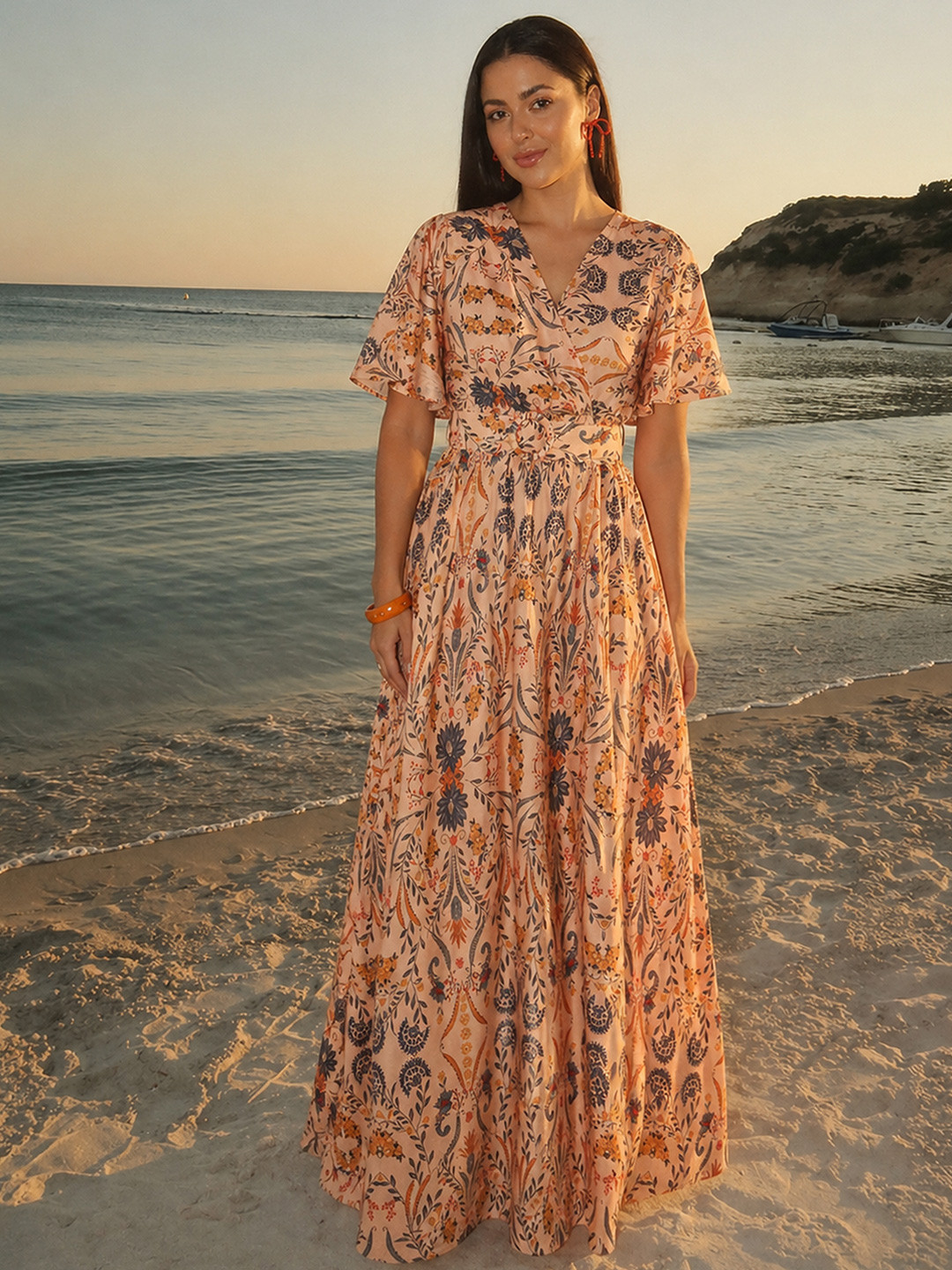 SASSAFRAS Floral Print Flared Sleeve Maxi Dress