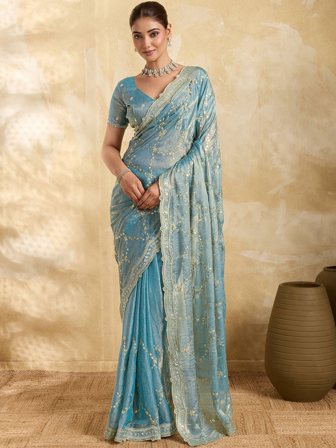HERE&NOW Embellished Embroidered Organza Saree