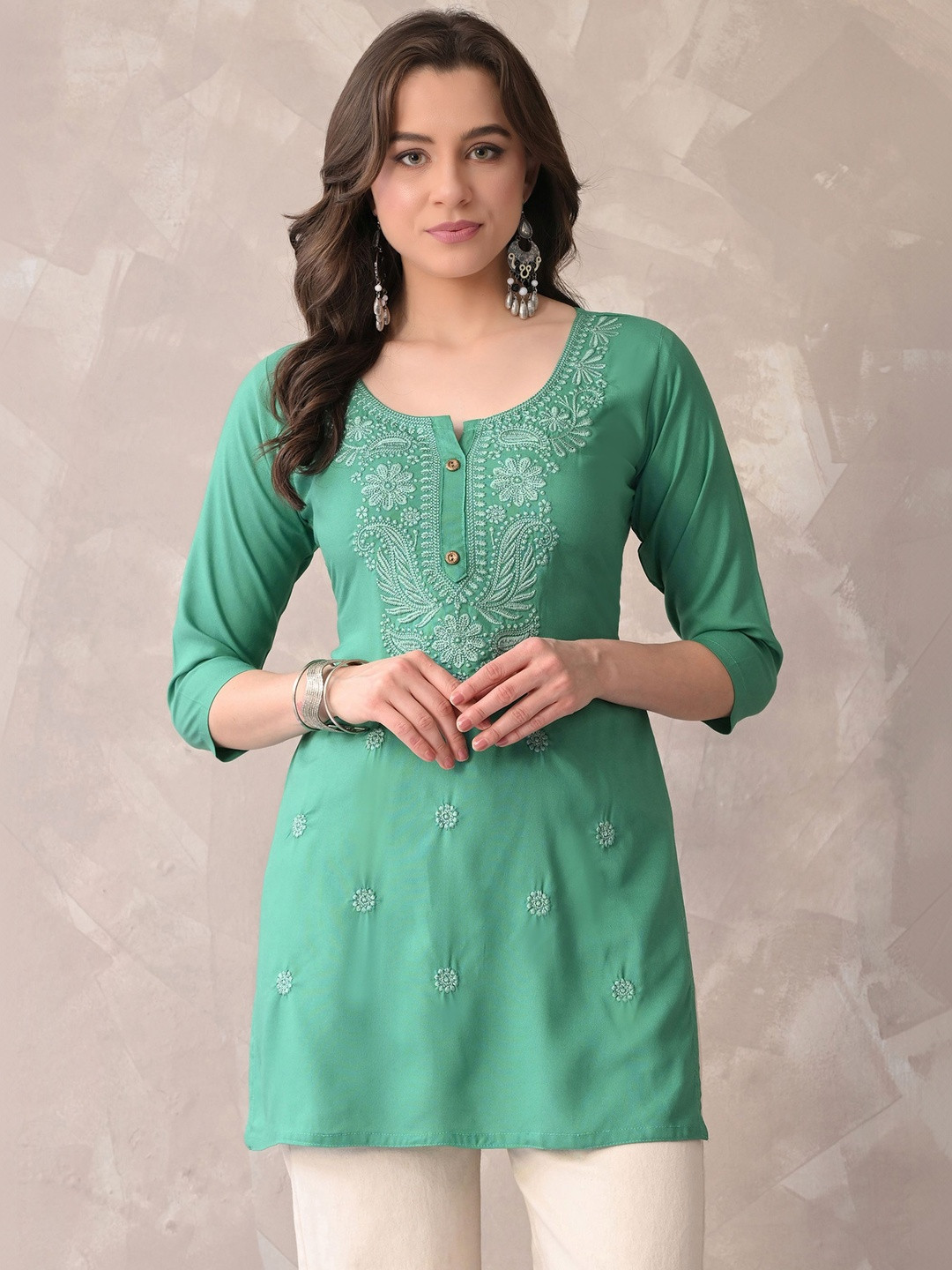 ROSHNI Women Floral Embroidered Round Neck Thread Work Cotton Regular Kurti