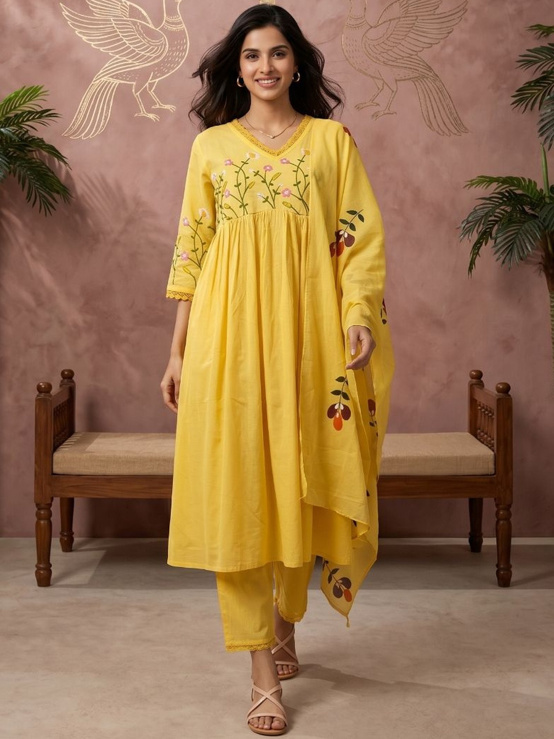 RiRi Women Floral Embroidered Empire Thread Work Pure Cotton Kurta with Trousers & With Dupatta