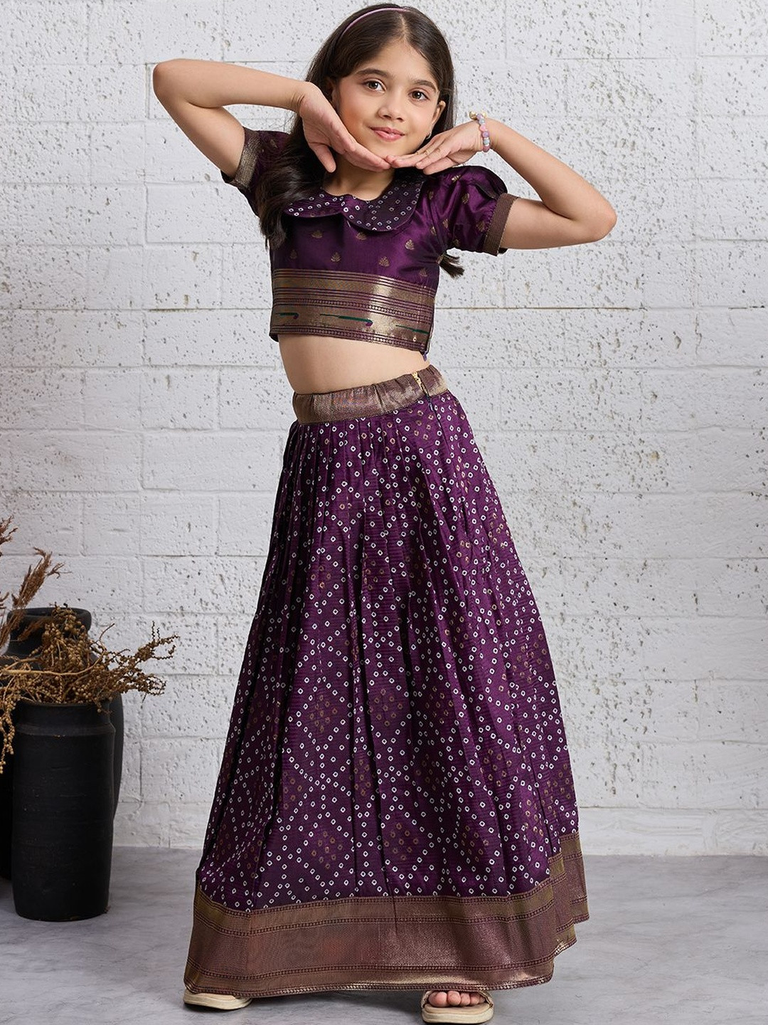 Tasarika Girls Bandhani Wine Ready to Wear Lehenga Choli