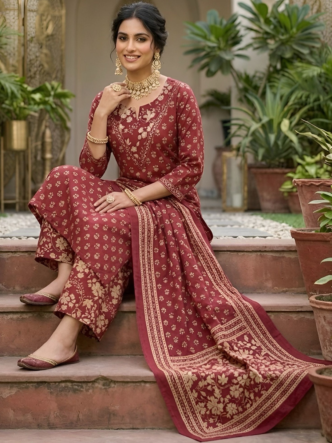 Nayo Women Ethnic Motifs Printed Regular Pure Cotton Kurta with Palazzos & With Dupatta