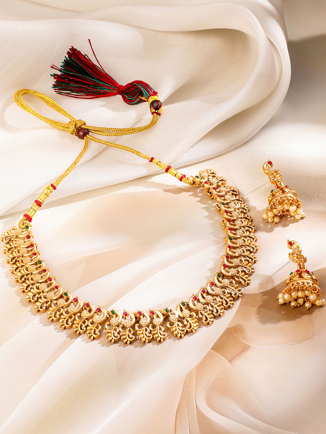 Rubans 22K Gold-Plated Ruby Red & Emerald Green Stone Studded Brass Necklace Jewellery Set